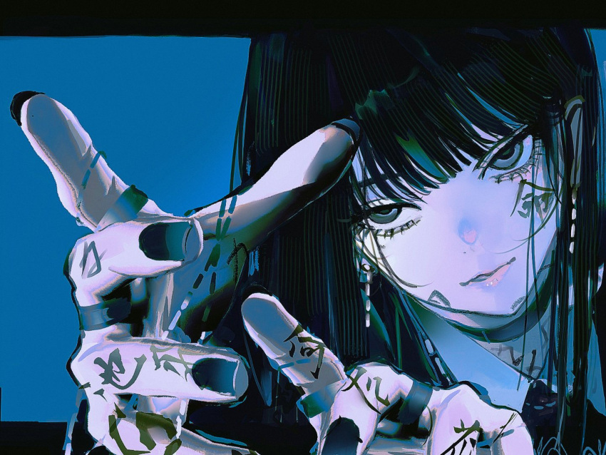 1girl black_choker black_eyes black_hair black_nails blue_background body_writing choker commentary earrings jewelry john_kafka letterboxed long_hair looking_at_viewer multiple_rings nail_polish original outside_border parted_lips ring solo upper_body