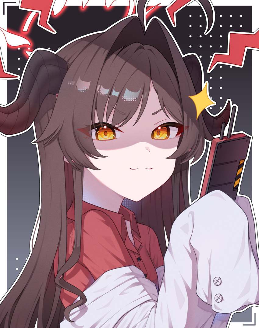 1girl absurdres ahoge black_hair black_horns blue_archive closed_mouth coat collared_shirt demon_horns hair_intakes halo highres horns kasumi_(blue_archive) long_hair looking_at_viewer red_halo red_shirt shaded_face shirt sleeves_past_fingers sleeves_past_wrists smirk solo upper_body walkie-talkie white_coat yamggu yellow_eyes