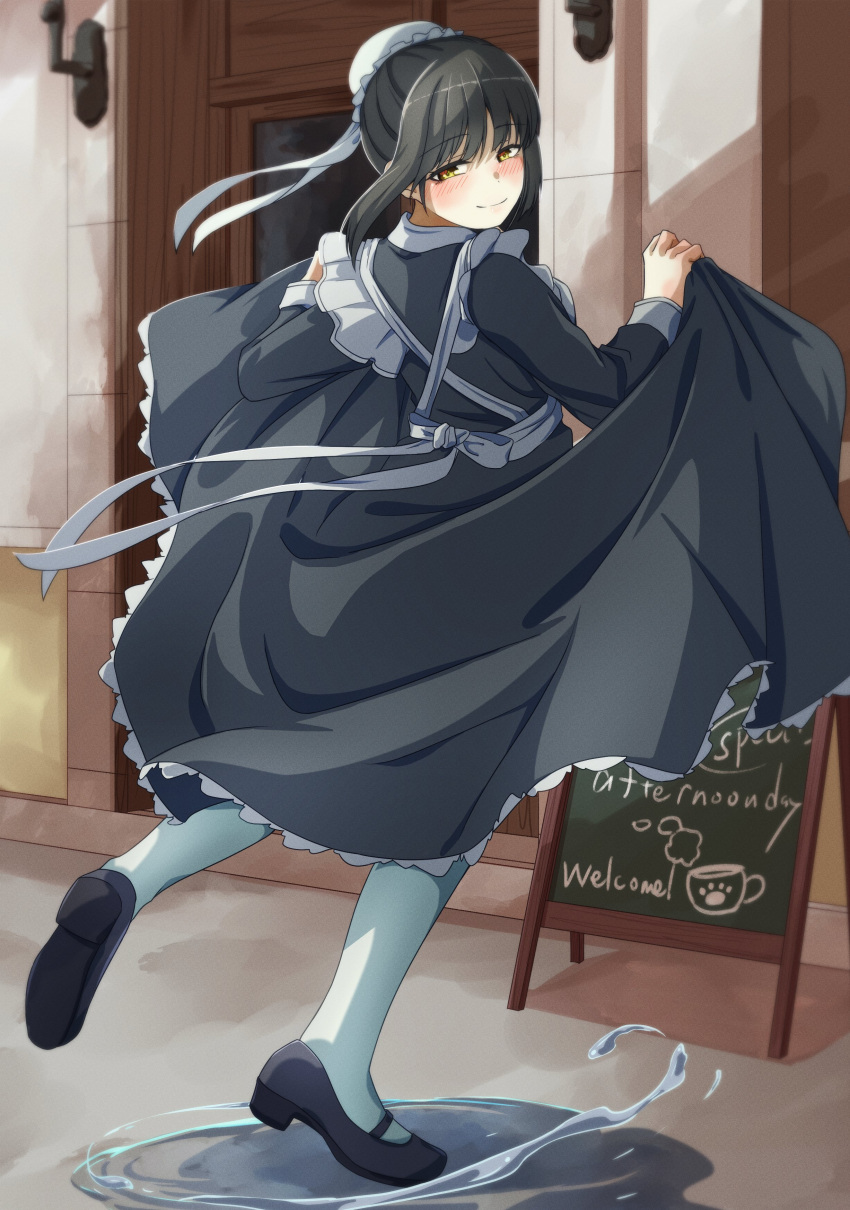 1girl absurdres apron black_footwear black_hair black_shirt black_skirt blush cafe_stella_to_shinigami_no_chou closed_mouth commentary_request day english_text from_behind full_body hair_between_eyes hair_bun half-closed_eyes hands_up happy haribo_no_suke hat highres long_sleeves looking_at_viewer looking_back maid maid_apron mary_janes medium_hair mob_cap outdoors pantyhose puddle shiki_natsume shirt shoes single_hair_bun skirt skirt_hold smile solo split_mouth standing standing_on_one_leg tsurime white_apron white_hat white_pantyhose yellow_eyes