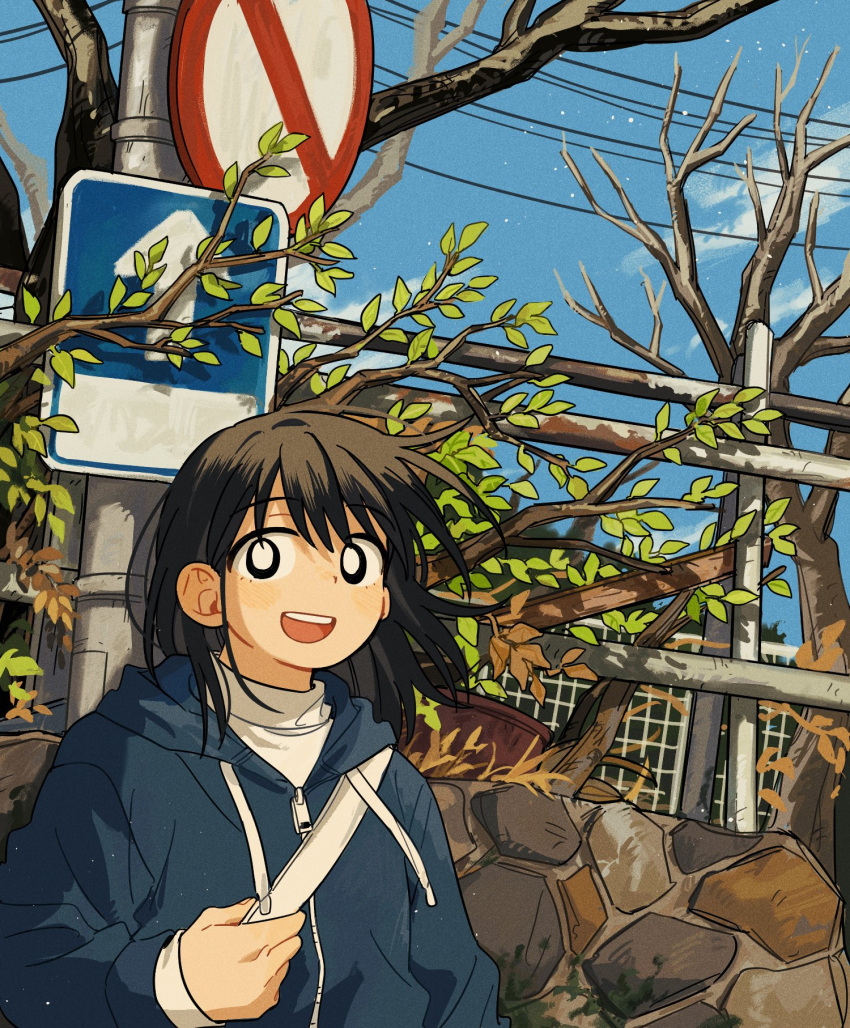 1girl black_eyes black_hair blue_jacket branch clouds cloudy_sky day fence highres jacket looking_at_viewer medium_hair open_mouth original outdoors road road_sign sign sihyun25 sky solo street sweater teeth tree turtleneck turtleneck_sweater upper_teeth_only white_sweater wind