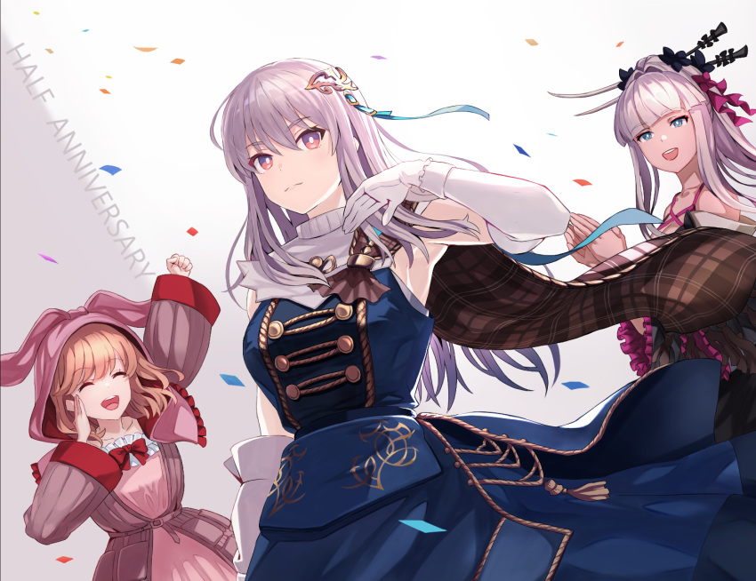 3girls anniversary arm_up armpits bare_shoulders blue_dress blue_eyes blunt_bangs clapping closed_eyes closed_mouth commentary_request confetti cowboy_shot detached_sleeves dress final_fantasy final_fantasy_brave_exvius glaciela_wezette gloves grey_hair hair_between_eyes hair_ornament hirono_(hxze4434) hood hoodie little_leela long_hair long_sleeves medium_hair multiple_girls official_alternate_costume open_mouth pink_hood pink_hoodie red_eyes sleeveless sleeveless_dress upper_body vinera_fennes war_of_the_visions:_final_fantasy_brave_exvius white_gloves white_sleeves