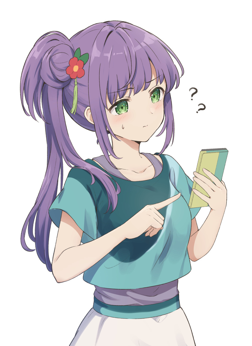 1girl ? ?? absurdres closed_mouth collarbone commentary confused crop_top flower green_eyes green_shirt hair_bun hair_flower hair_ornament highres holding holding_phone index_finger_raised light_blush link!_like!_love_live! lone_nape_hair long_hair love_live! official_alternate_costume otomune_kozue phone purple_hair purple_tank_top red_flower shirt short_sleeves side_ponytail sidelocks simple_background single_side_bun skirt small_sweatdrop solo tank_top upper_body wavy_mouth white_background white_skirt yutuki_ame
