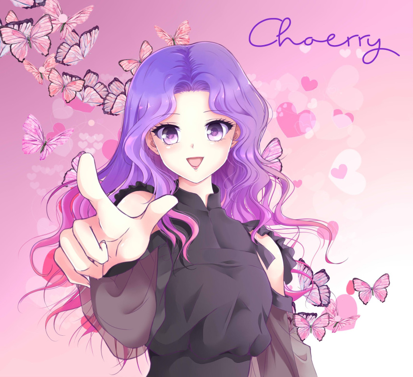 1girl black_shirt bug butterfly character_name choerry english_commentary gradient_background heart highres k-pop long_hair loona_(group) makeup mascara open_mouth pink_background pointing pointing_at_viewer purple_hair real_life ruru_creations shirt smile solo upper_body violet_eyes wavy_hair