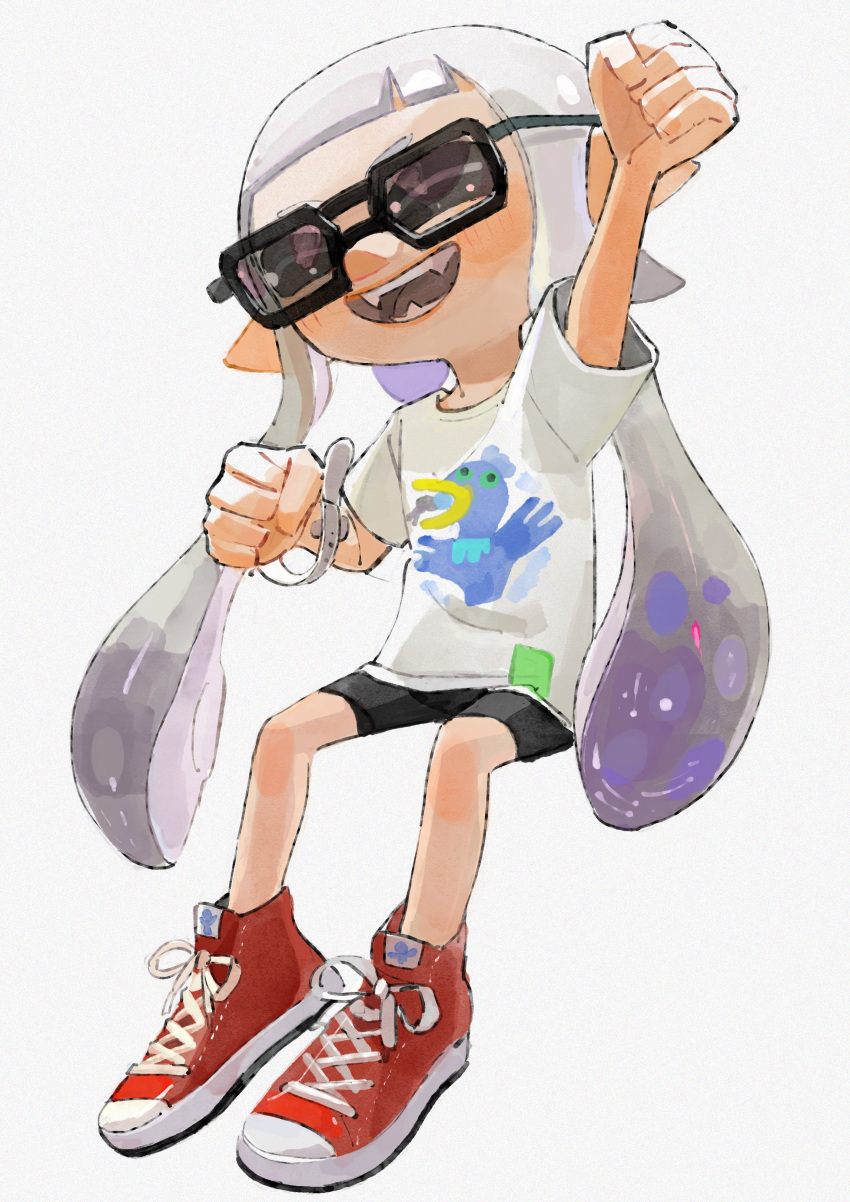 1girl absurdres black_shorts closed_eyes glasses highres inkling_girl inkling_player_character long_hair open_mouth shirt shoes shorts solo splatoon_(series) watamoke white_hair white_shirt