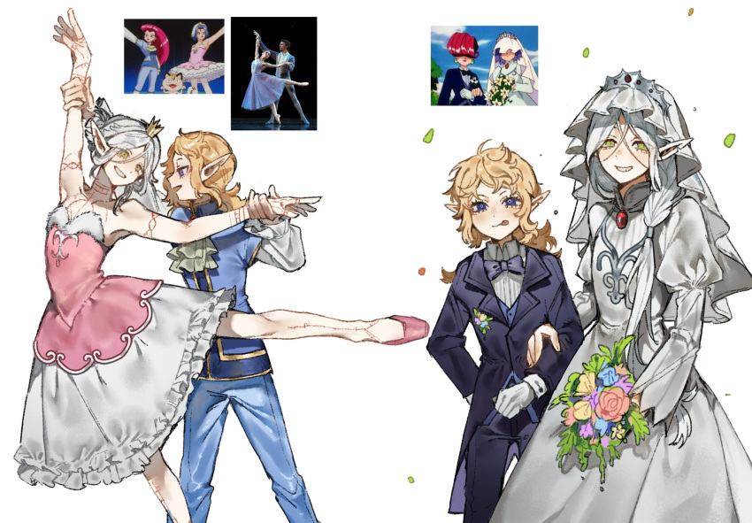 1boy 1girl :p alternate_costume alternate_hairstyle androgynous arm_tattoo arm_up ascot ballet_slippers blonde_hair blue_bow blue_bowtie blue_coat blue_jacket blue_pants blue_suit bouquet boutonniere bow bowtie bridal_veil chest_tattoo coat collared_dress cosplay cowboy_shot crossdressing crown dancing dress dungeon_meshi elf eye_contact fleki frilled_skirt frilled_sleeves frills full-body_tattoo fur-trimmed_dress fur_trim gloves green_eyes grey_hair grin highres holding holding_bouquet jacket james_(pokemon) james_(pokemon)_(cosplay) jessie_(pokemon) jessie_(pokemon)_(cosplay) juliet_sleeves leg_tattoo leg_up long_hair long_sleeves looking_at_another looking_at_viewer low_side_ponytail lycion medium_hair mini_crown multiple_views neck_tattoo notched_ear nova_1810 open_mouth outstretched_arm pants photo_inset pink_dress pink_footwear pointy_ears puffy_sleeves reference_inset side_ponytail simple_background skirt smile standing strapless strapless_dress suit tattoo tongue tongue_out veil violet_eyes wedding_dress wedding_suit white_ascot white_background white_dress white_gloves white_skirt