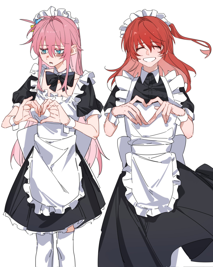 2girls apron black_bow black_bowtie black_dress blue_eyes blush bocchi_the_rock! bow bowtie bright_pupils closed_eyes commentary cube_hair_ornament detached_collar dress finger_heart gotoh_hitori grin hair_ornament hashtag-only_commentary highres kita_ikuyo long_hair maid maid_apron maid_headdress molu_stranger multiple_girls one_side_up open_mouth pink_hair redhead short_sleeves simple_background smile thigh-highs white_apron white_background white_pupils white_thighhighs wrist_cuffs