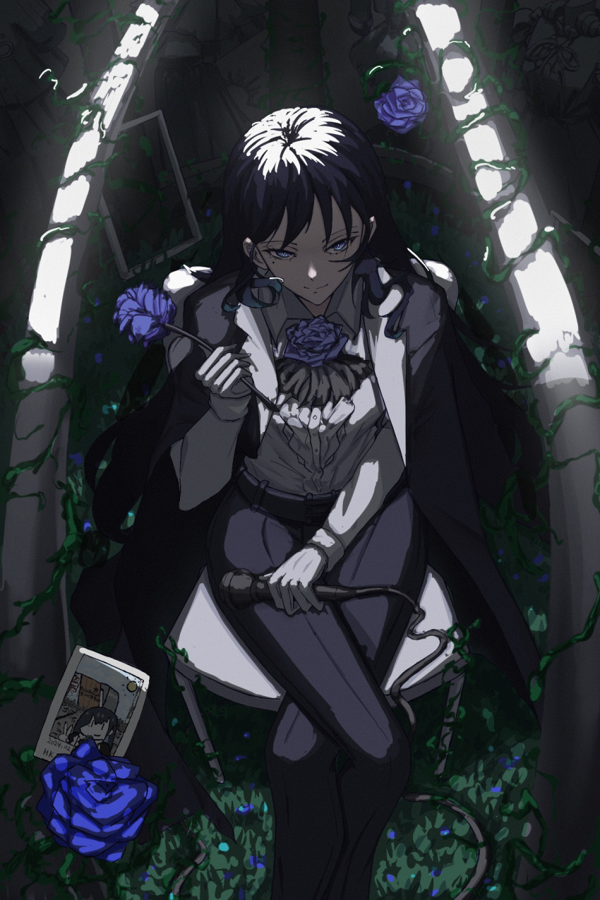 1girl ado_(utaite) black_bow black_bowtie black_coat black_hair black_pants blue_eyes blue_flower blue_rose bow bowtie chando_(ado) closed_mouth cloud_nine_inc coat coat_on_shoulders collared_shirt crossed_legs empty_picture_frame feet_out_of_frame flower gloves highres holding holding_microphone kaze_(user_znss3874) long_hair long_sleeves microphone night on_chair overgrown pants photo_(object) picture_frame plant rose shirt sitting smile solo spotlight v vines white_gloves white_shirt wish_(ado)