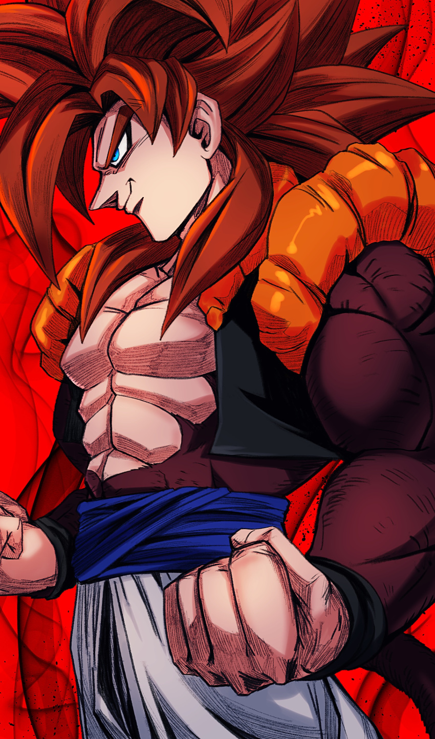 1boy absurdres aura black_vest blue_eyes blue_sash brown_fur clenched_hands cowboy_shot cropped_vest dragon_ball dragon_ball_gt from_above from_side gogeta highres long_hair looking_at_viewer male_focus metamoran_vest monkey_tail muscular muscular_male no_shirt pants red_background redhead sash simple_background smirk solo spiky_hair super_saiyan super_saiyan_4 tail vest white_pants yuuri_(fukuroudou)