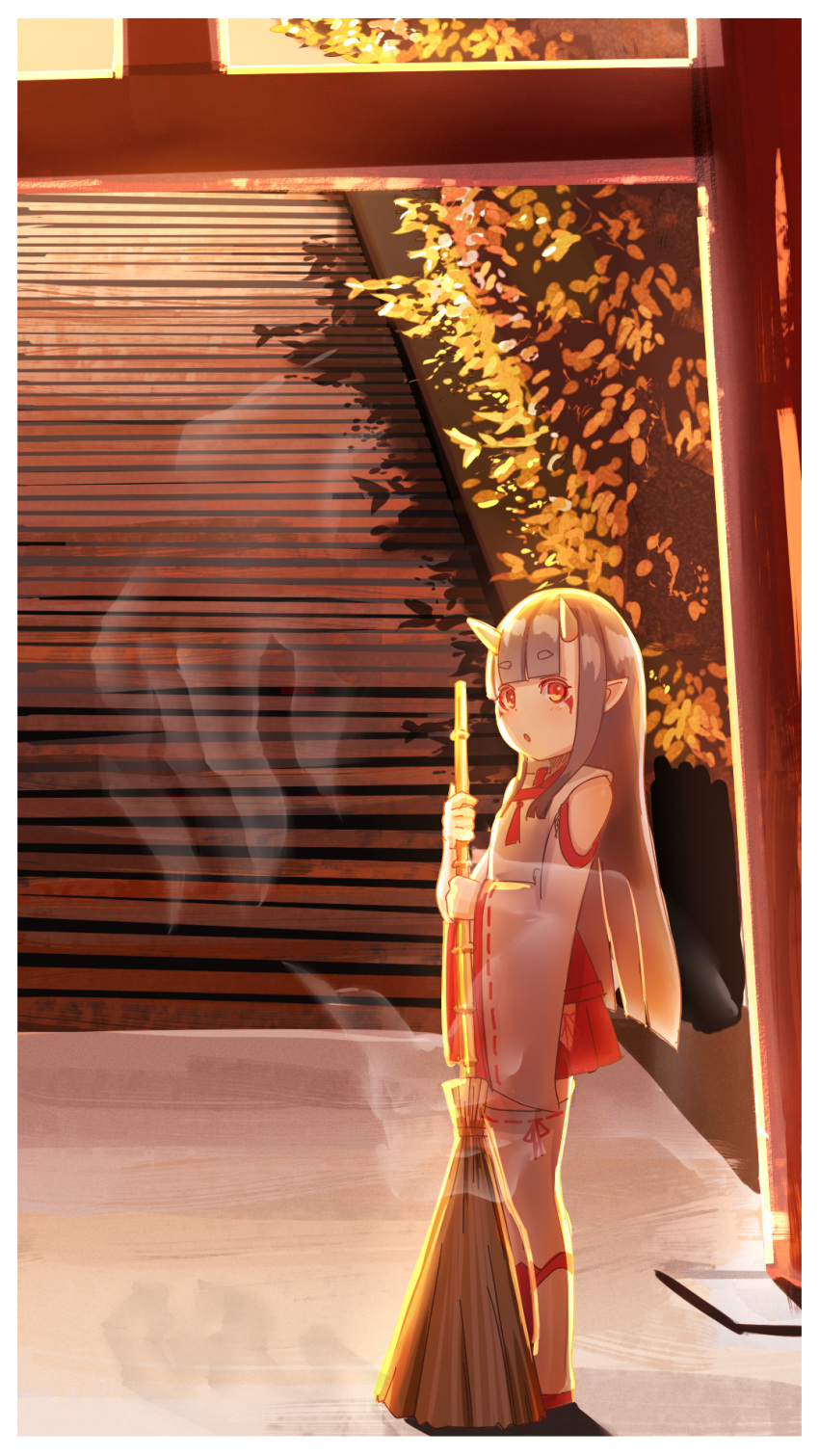 1girl bamboo_broom broom clothing_cutout commentary_request facial_mark ghost grey_hair hakama hakama_short_skirt hakama_skirt highres holding holding_broom japanese_clothes kimono kuro_kosyou long_hair long_sleeves looking_at_viewer oni original outdoors parted_lips pointy_ears red_eyes red_hakama ribbon-trimmed_sleeves ribbon-trimmed_thighhighs ribbon_trim shoulder_cutout skirt solo stairs standing sunset thigh-highs torii very_long_hair white_kimono white_thighhighs wide_sleeves