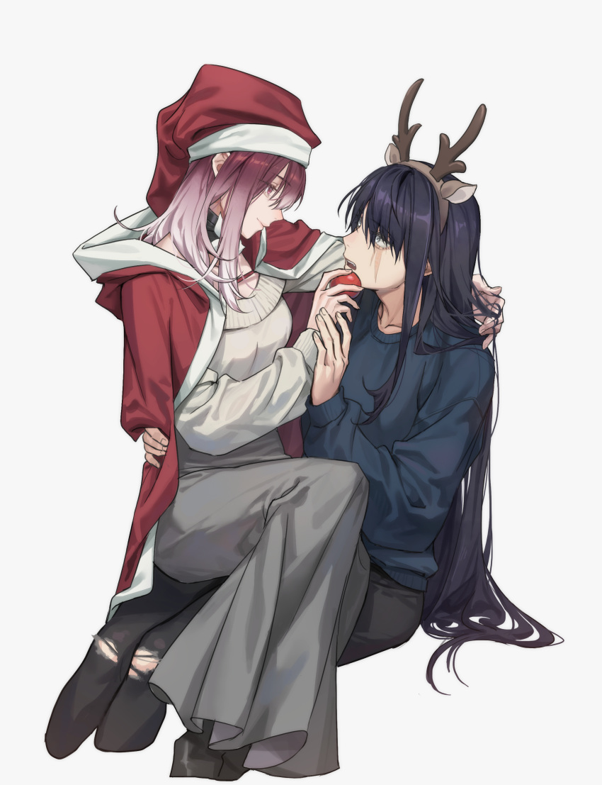 2girls absurdres antlers apple black_hair black_pants cape christmas commentary food fruit gradient_hair grey_background grey_skirt hand_in_another's_hair hand_on_another's_waist hand_on_another's_wrist hat highres holding holding_food horns long_hair long_sleeves looking_at_another multicolored_hair multiple_girls open_mouth pants path_to_nowhere rahu_(path_to_nowhere) red_cape red_eyes red_hat redhead reindeer_antlers rekari_(rekari628) santa_hat scar scar_across_eye shalom_(path_to_nowhere) simple_background sitting sitting_on_lap sitting_on_person skirt sweater torn_clothes torn_pants white_hair white_sweater yuri