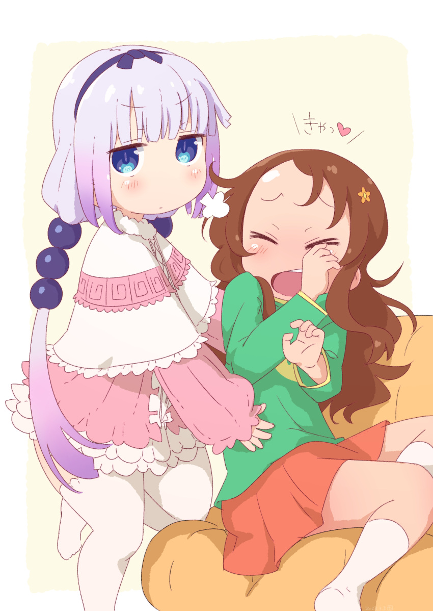 2girls beads blue_eyes child closed_eyes commentary_request dress embarrassed gradient_hair grey_hair hair_beads hair_ornament hand_on_another's_stomach heart highres kanna_kamui kobayashi-san_chi_no_maidragon long_sleeves looking_at_viewer multicolored_hair multiple_girls open_mouth pink_dress puffy_sleeves purple_hair red_skirt saikawa_riko sitting skirt socks standing standing_on_one_leg tabayan_jigokuhen thigh-highs translation_request white_socks white_thighhighs
