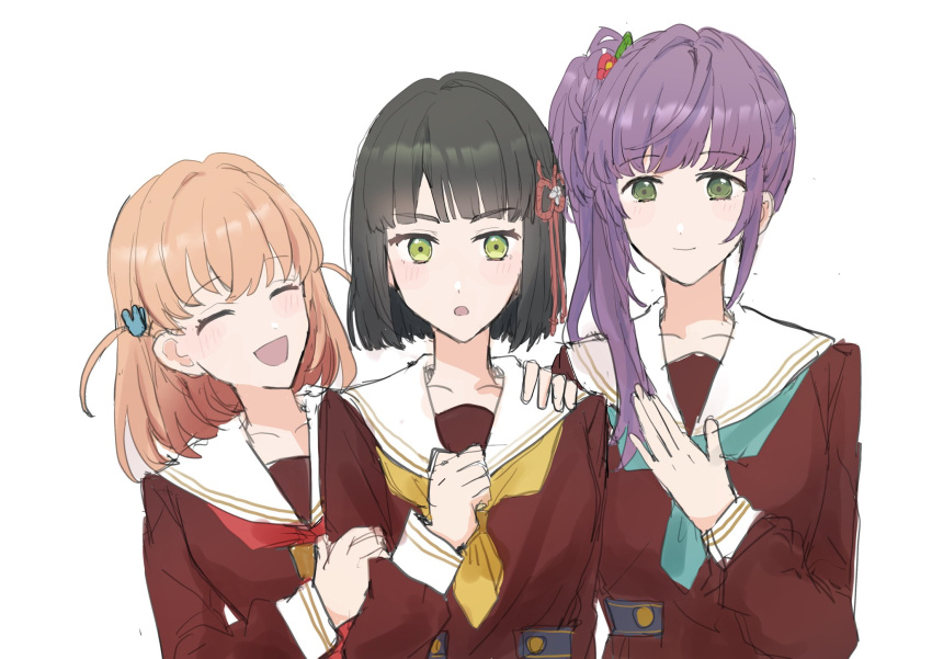 3girls :o ^_^ aqua_neckerchief black_hair blunt_bangs blunt_ends blush brown_dress cerise_bouquet closed_eyes closed_mouth collarbone commentary crossed_bangs dress flower green_eyes hair_bun hair_flower hair_ornament hand_on_another's_arm hand_on_another's_shoulder hand_on_own_chest hasu_no_sora_school_uniform highres hinoshita_kaho link!_like!_love_live! long_hair long_sleeves looking_at_another looking_at_viewer love_live! medium_hair momose_ginko multiple_girls neckerchief open_mouth orange_hair otomune_kozue purple_hair rabbit_hair_ornament red_flower red_neckerchief sailor_collar sailor_dress school_uniform short_hair side_ponytail sidelocks simple_background single_side_bun smile two_side_up v-shaped_eyebrows white_background white_sailor_collar winter_uniform yellow_neckerchief zuisetsu
