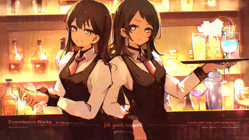 2girls absurdres bang_dream! bang_dream!_it's_mygo!!!!! bartender black_hair black_vest blush bottle closed_mouth commentary commission cup drinking_glass earclip earrings english_commentary highres holding holding_cup jewelry long_hair long_sleeves looking_at_viewer medium_hair mole mole_under_eye multiple_girls rnna shiina_taki shirt twitter_username vest violet_eyes watermark white_eyes white_shirt yahata_umiri