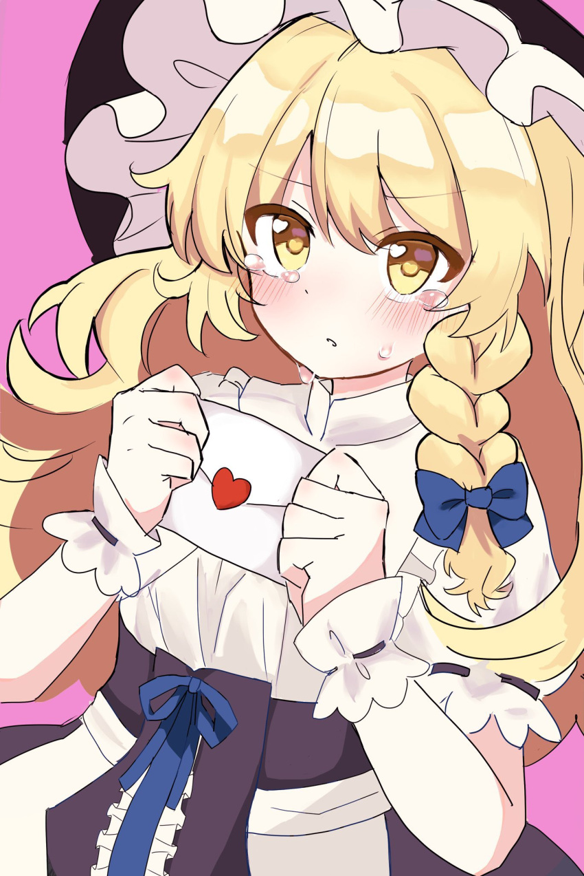 1girl blonde_hair blush braid closed_mouth commentary dated_commentary envelope frilled_hat frills hashtag-only_commentary hat highres holding holding_envelope kirisame_marisa long_hair looking_at_viewer love_letter marisa_day otama_mimi pink_background short_sleeves side_braid simple_background single_braid solo sweatdrop tearing_up touhou upper_body wrist_cuffs yellow_eyes