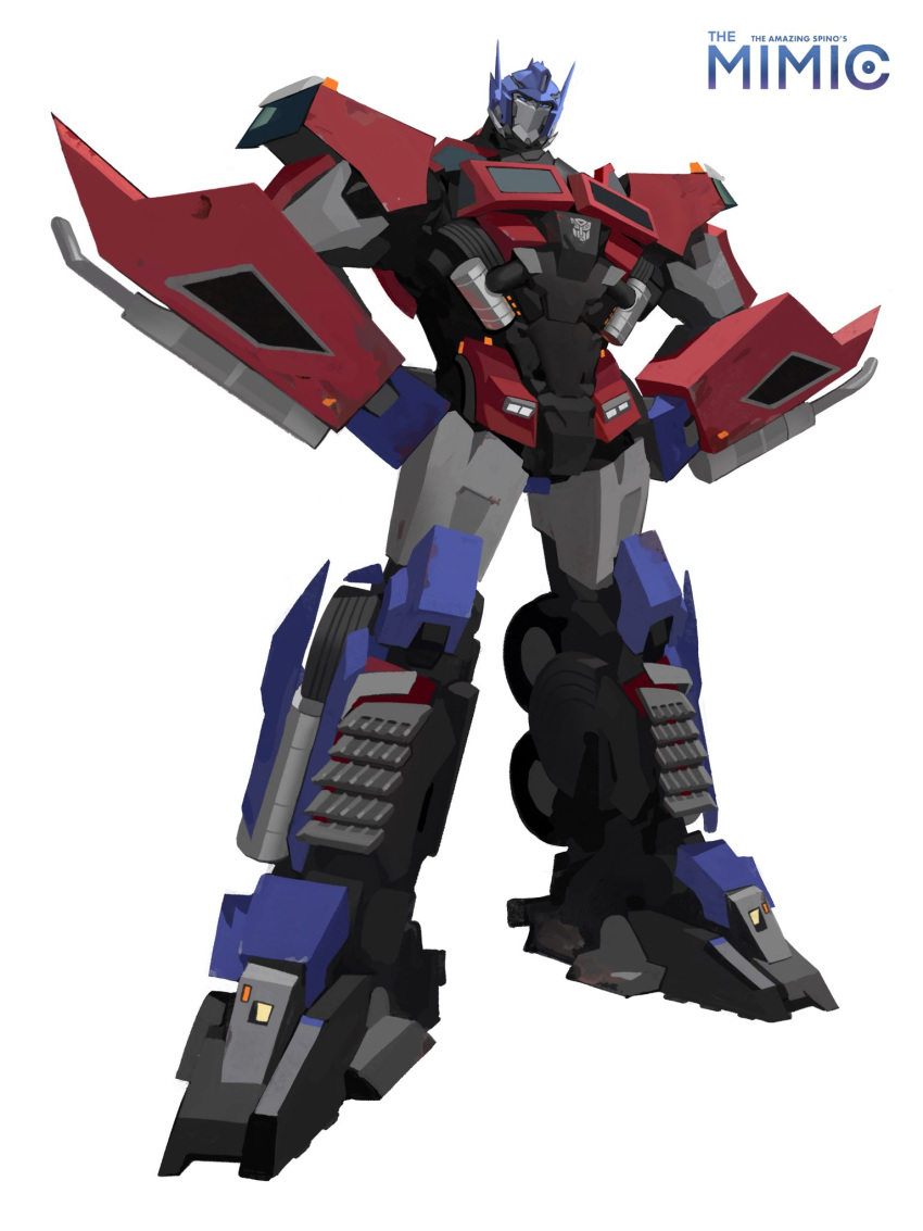 artist_name autobot blue_eyes full_body hands_on_own_hips highres insignia kamitoge_supino legs_apart looking_at_viewer mecha no_humans optimus_prime robot rust science_fiction simple_background solo standing transformers white_background
