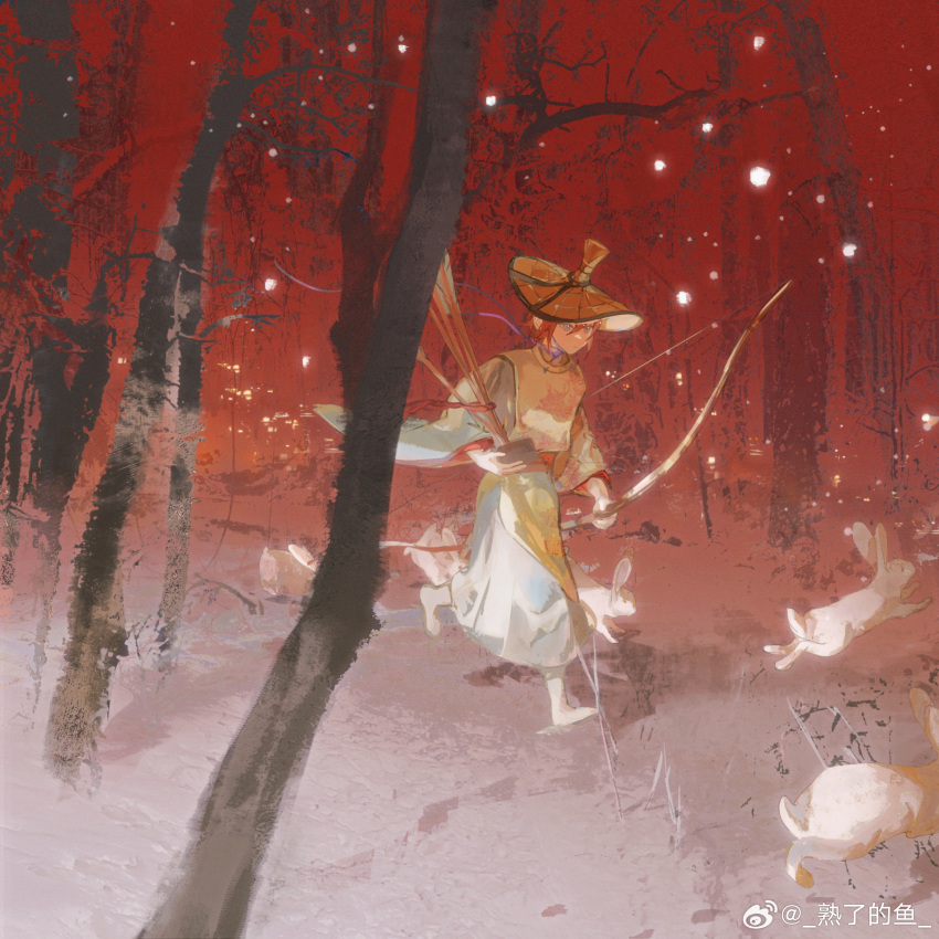 1girl absurdres arrow_(projectile) bare_tree bow_(weapon) chinese_commentary closed_mouth forest grey_kimono hat highres holding holding_arrow holding_bow_(weapon) holding_weapon japanese_clothes kimono nature original outdoors rabbit red_background red_sash redhead sash shoes short_hair shule_de_yu snow snowing solo tree walking weapon weibo_logo weibo_username white_footwear wide_sleeves