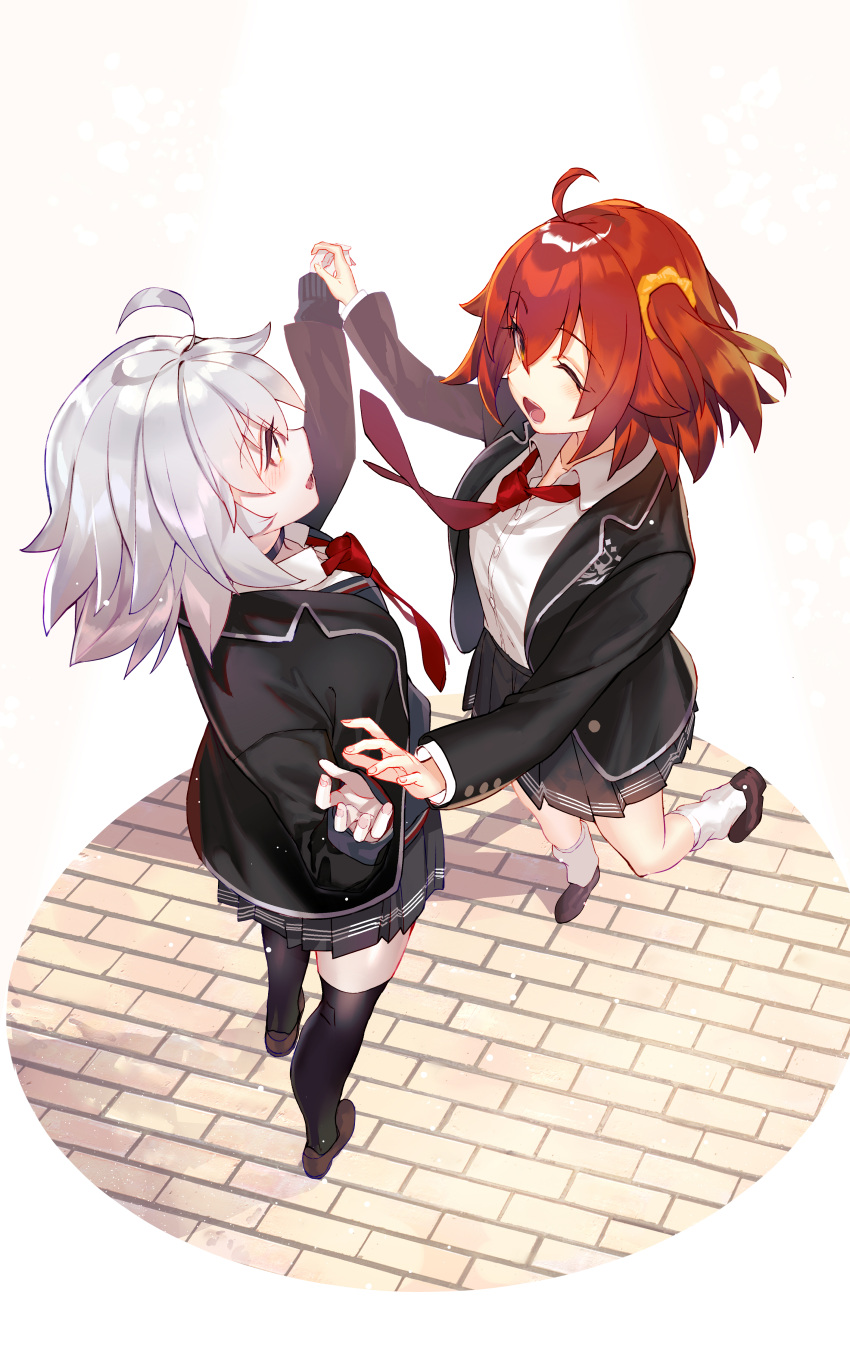 2girls absurdres ahoge black_jacket black_thighhighs collared_shirt commentary_request dancing fate/grand_order fate_(series) fujimaru_ritsuka_(female) grey_hair grey_skirt highres holding_hands jacket jeanne_d'arc_alter_(fate) looking_at_another multiple_girls necktie official_alternate_costume open_clothes open_jacket orange_eyes orange_hair pleated_skirt red_necktie school_uniform shirt short_hair side_ponytail skirt thigh-highs tsukudani_(ore624) white_shirt yellow_eyes