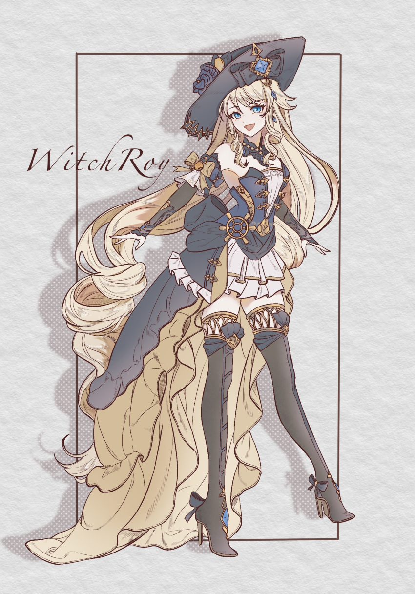 1girl :d artist_name bare_shoulders black_footwear black_hat blonde_hair blue_eyes boots detached_sleeves dress drill_hair drill_sidelocks flower foot_up full_body genshin_impact grey_background hat hat_flower high-low_skirt high_heels highres lace-trimmed_collar lace_trim long_hair looking_at_viewer navia_(genshin_impact) paper_texture shadow ship's_wheel_ornament sidelocks smile solo standing standing_on_one_leg strapless strapless_dress thigh_boots very_long_hair ya_(witchroy)