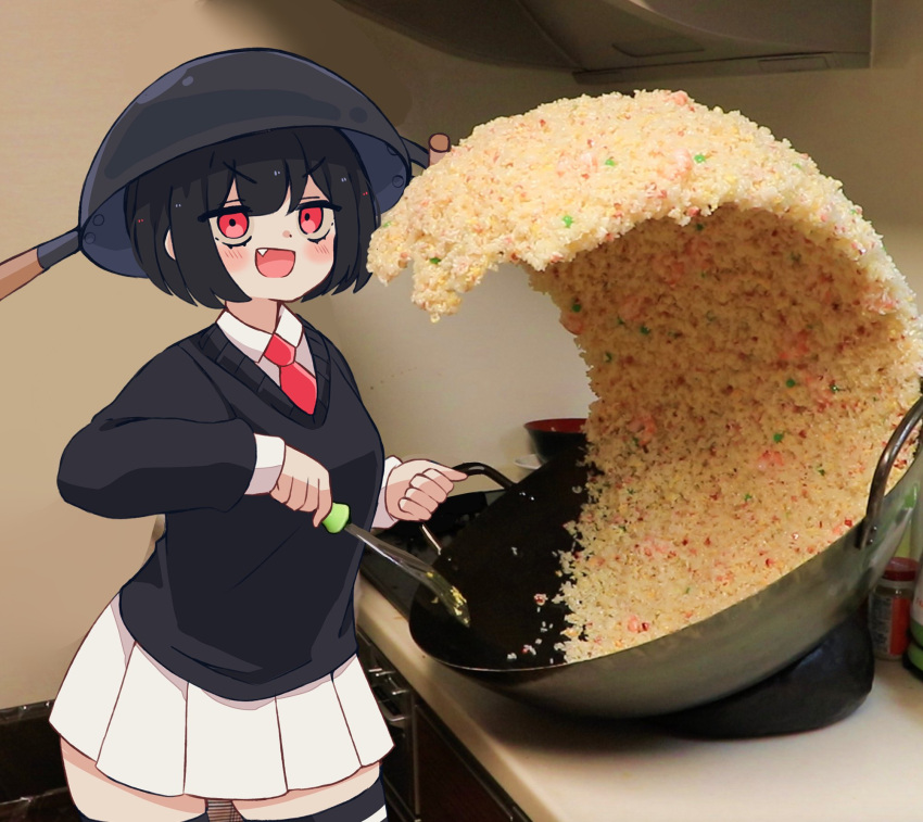 :d black_hair black_sweater black_thighhighs bob_cut bowl breasts collared_shirt commentary cooking counter cowboy_shot dress_shirt english_commentary fang flipping_food food fried_rice fried_rice_prank_(meme) highres holding holding_cooking_pot holding_spatula jitome kitchen looking_at_viewer mai_(melonbread) medium_breasts melonbread meme necktie open_mouth original photo_background pleated_skirt pot_on_head red_necktie school_uniform shirt short_hair skirt smile smug spatula standing sweater thigh-highs upturned_eyes v-neck v-shaped_eyebrows white_shirt white_skirt wok zettai_ryouiki