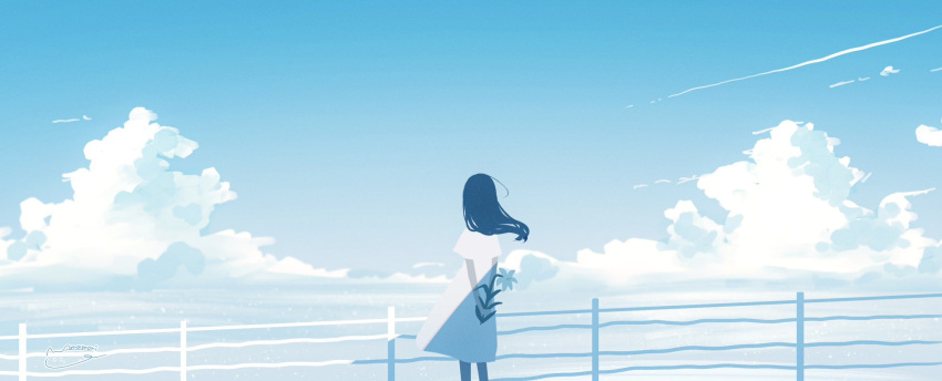 1girl amenomori_howa black_hair blue_sky clouds cloudy_sky contrail cumulonimbus_cloud dress facing_ahead feet_out_of_frame floating_hair flower from_behind highres holding holding_behind_back holding_flower long_hair original outdoors own_hands_together railing scenery short_sleeves sky solo straight_hair white_dress wide_shot wind