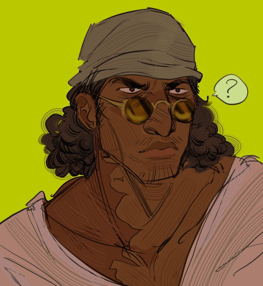 1boy ? beanie big_nose brown-skinned_male brown-tinted_eyewear collarbone curly_hair dark_skin dentdechieng facial_hair facing_to_the_side fluffy_hair goatee_stubble green_background hat highres kuzan_(aokiji) male_focus mustache_stubble one_piece open_clothes open_shirt scar_on_shoulder shirt solo spoken_question_mark stubble thick_eyebrows tinted_eyewear white_shirt