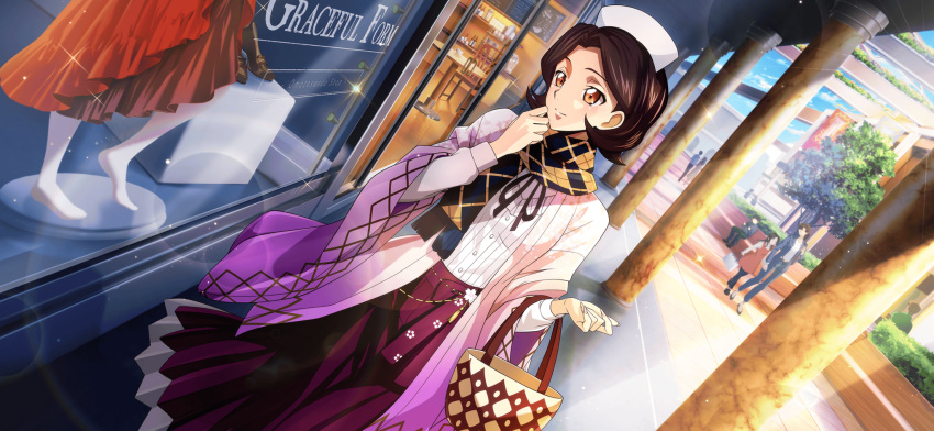 1girl artist_request bag black_ribbon blue_sky breasts brown_hair buttons closed_mouth coat code_geass code_geass:_lost_stories day dress dutch_angle english_text game_cg hair_intakes hands_up happy highres holding holding_bag layered_sleeves lens_flare light_rays long_sleeves looking_to_the_side maid_headdress mannequin neck_ribbon non-web_source official_art open_clothes open_coat orange_eyes outdoors pillar pink_coat pleated_skirt purple_skirt red_dress ribbon scarf shinozaki_sayoko shirt shirt_tucked_in shop short_hair skirt sky small_breasts smile sparkle split_mouth standing sunlight tassel tree two-tone_scarf white_shirt wide_sleeves window