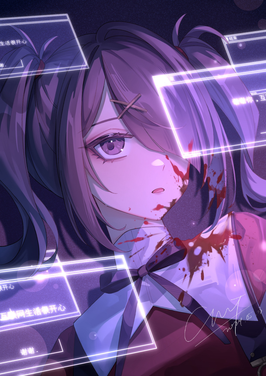 1girl absurdres ame-chan_(needy_girl_overdose) black_hair black_ribbon blood blood_on_clothes blood_on_face blood_splatter chen_hei_yan chinese_commentary collared_shirt commentary_request english_commentary glowing hair_ornament hair_over_one_eye highres holographic_interface long_hair looking_at_viewer mixed-language_commentary neck_ribbon needy_girl_overdose open_mouth red_shirt ribbon shirt signature solo twintails upper_body violet_eyes window_(computing) x_hair_ornament