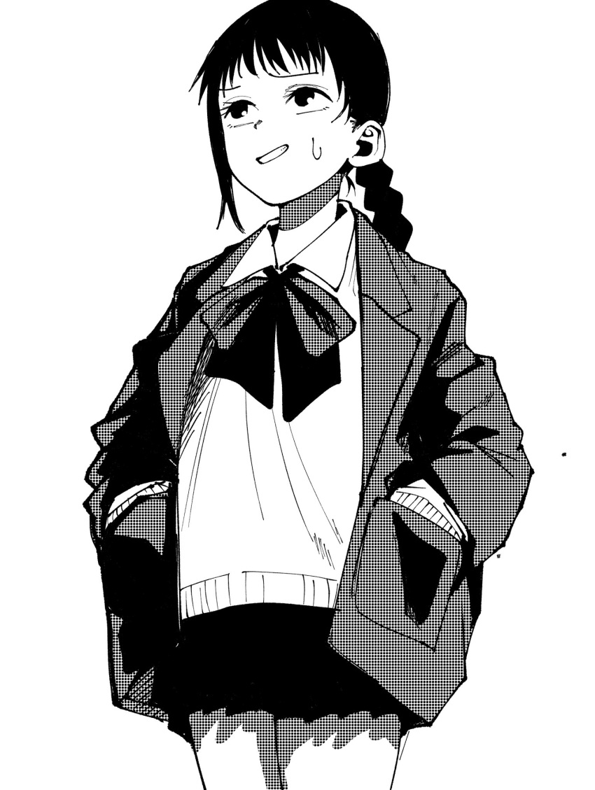 1girl blazer bow bowtie braid clenched_teeth cowboy_shot greyscale hands_in_pockets highres jacket lapels long_sleeves looking_up monochrome natuya_(natuya2014) open_clothes open_jacket original school_uniform simple_background skirt solo sweat sweater_vest teeth