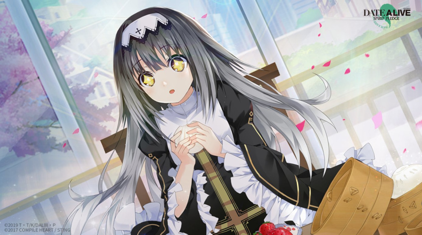 +_+ 1girl :o arusu_marina cherry_blossoms date_a_live date_a_live:_spirit_pledge dress dutch_angle falling_petals food frilled_dress frills gradient_hair hairband holding holding_food indoors long_hair long_sleeves multicolored_hair official_art open_mouth petals solo white_hairband yellow_eyes