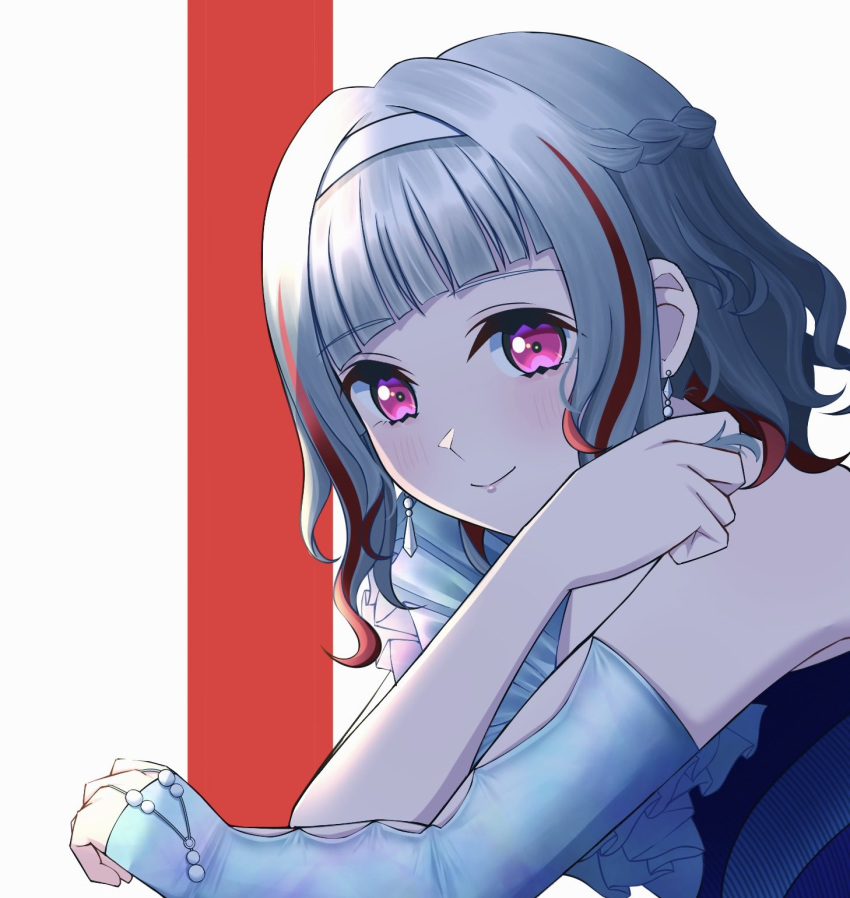 1girl ame_(amedayo_njgk) backlighting blue_dress blush braid closed_mouth commentary_request detached_sleeves diagonal_bangs dress earrings french_braid frilled_dress frills grey_hair hairband highres jewelry link!_like!_love_live! long_sleeves looking_at_viewer love_live! multicolored_hair official_alternate_costume official_alternate_hairstyle pink_eyes red_background redhead short_hair sidelocks single-shoulder_dress single_detached_sleeve sleeves_past_wrists smile solo streaked_hair striped_background tsubasa_la_liberte_(love_live!) virtual_youtuber wavy_hair white_background white_hairband yugiri_tsuzuri