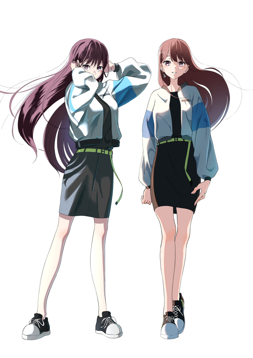 1girl absurdres bang_dream! bang_dream!_it's_mygo!!!!! black_footwear black_shirt black_skirt brown_hair commentary_request floating_hair full_body hands_up highres jacket long_hair looking_at_viewer mole mole_under_eye multiple_views open_clothes open_jacket parted_lips pencil_skirt shiina_taki shirt shoes shu_atelier simple_background skirt smile sneakers standing violet_eyes white_background white_jacket