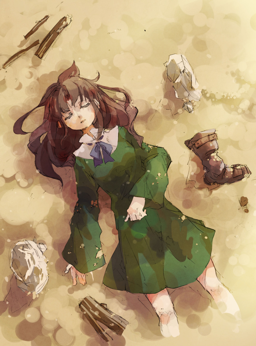 1girl absurdres blue_ribbon boots brown_hair closed_eyes closed_mouth cropped_legs day dress driftwood facing_up facing_viewer from_above green_dress hair_spread_out hand_on_own_stomach highres long_hair long_sleeves lying neck_ribbon on_back original outdoors ribbon rock sand sleeping solo tayama222 unworn_boots wide_sleeves