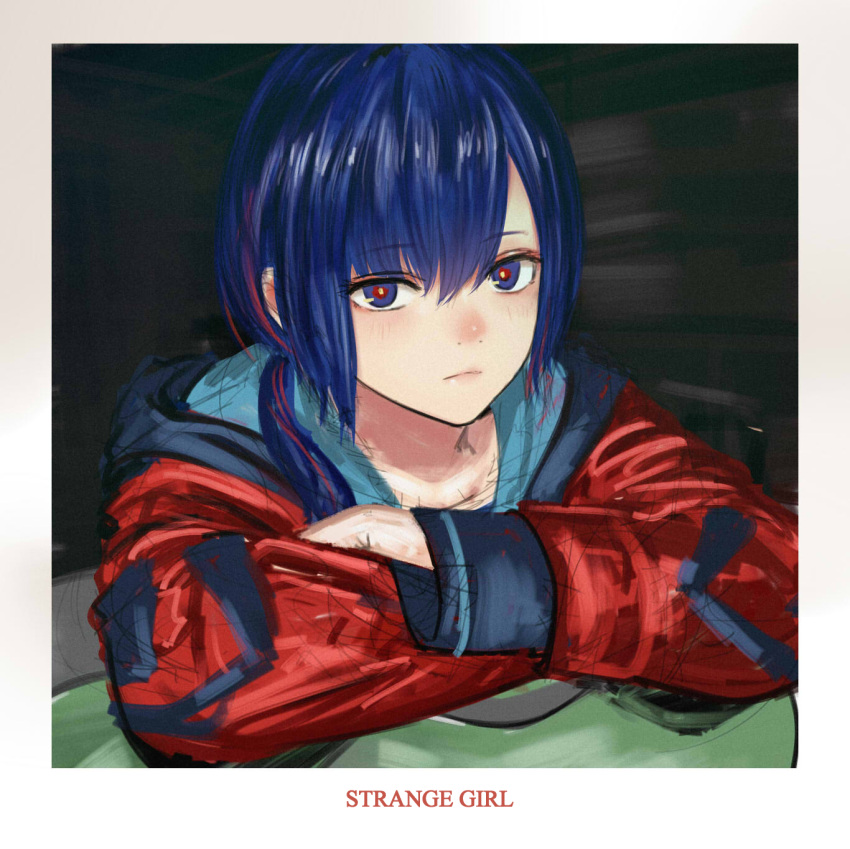 1girl alternate_costume black_background black_jacket blue_eyes blue_hair blush border closed_mouth crossed_arms english_text expressionless hair_over_shoulder highres hood hood_down hooded_jacket isshiki_(ffmania7) jacket kamitsubaki_studio long_sleeves looking_at_viewer low_ponytail multicolored_clothes multicolored_eyes multicolored_hair multicolored_jacket red_eyes red_jacket redhead rim_(kamitsubaki_studio) sketch solo streaked_hair two-tone_jacket upper_body virtual_youtuber white_border yellow_pupils