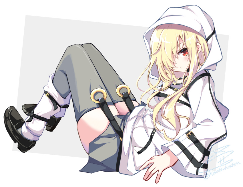 1girl 9-nine- \||/ absurdres black_footwear blonde_hair blush closed_mouth commentary from_side frown full_body garter_straps ghost_(9-nine-) grey_background grey_skirt grey_thighhighs hair_over_one_eye highres hood hood_up hoodie knees_up legs_together loafers long_bangs long_hair long_sleeves looking_at_viewer miniskirt pleated_skirt red_eyes shoes signature simple_background sitting skirt socks solo thigh-highs twitter_username two-tone_background usetsusakon2 white_background white_hoodie white_socks wide_sleeves zettai_ryouiki