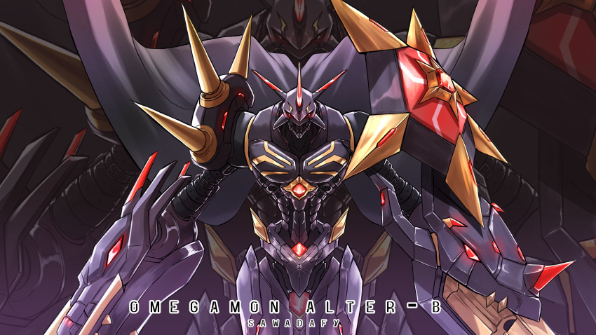 a-pose absurdres arm_blade arm_cannon armor artist_name black_cape black_skin cape character_name chest_jewel colored_skin dark_background digimon energy_gun glowing glowing_eyes gradient_background gun highres horns multiple_heads neon_trim omegamon_alter-b red_eyes revolver robot sawadafy shield shoulder_armor solo spikes weapon zoom_layer
