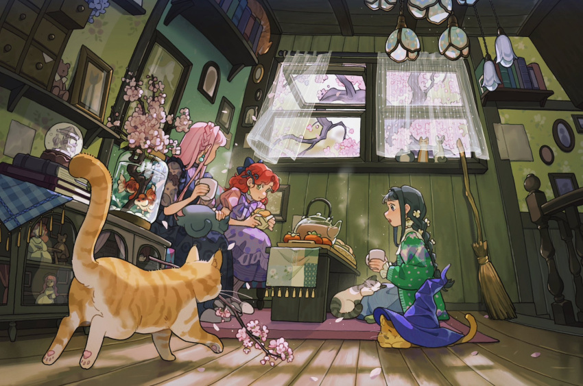 3girls :o animal animal_on_lap black_hair book bow braid branch broom cat cat_on_lap cherry_blossoms commentary crown_braid cup curtains day dress earrings eating english_commentary falling_petals fish fishbowl food from_below fruit green_eyes green_sweater hair_bow hat highres holding holding_cup holding_food indoors jar jewelry jidu_que_mi_de_xiao_caocao kettle long_hair long_sleeves mandarin_orange mug multiple_girls on_lap open_mouth orange_cat original petals photo_(object) pink_hair polka_dot polka_dot_dress puffy_short_sleeves puffy_sleeves purple_dress railing redhead rug scenery seiza shelf short_bangs short_sleeves single_braid sitting steam stuffed_animal stuffed_toy sweater tassel teddy_bear tree unworn_hat unworn_headwear wallpaper_(object) wide_shot wind window witch_hat wooden_floor