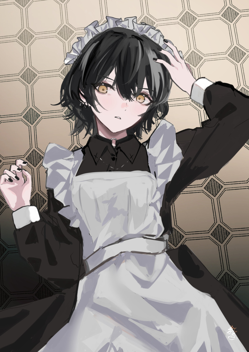 1girl absurdres apron black_choker black_dress black_nails choker collared_dress dress earrings frilled_apron frilled_headwear frills grid_background hair_between_eyes hand_on_own_head hand_up highres jewelry long_sleeves looking_at_viewer lying maid maid_apron maid_headdress nail_polish o-ring o-ring_choker on_back on_floor original solo tile_floor tiles white_apron yellow_eyes zohyo