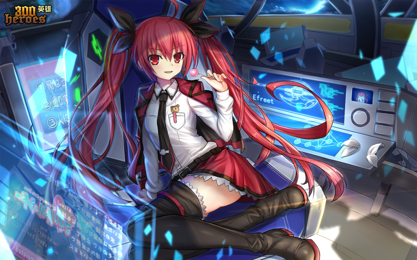 1girl 300_heroes ahoge arm_support black_necktie boots candy collared_shirt date_a_live food hair_ribbon indoors itsuka_kotori jacket lollipop long_hair long_sleeves looking_at_viewer necktie official_art open_mouth pocket red_eyes red_jacket red_skirt redhead ribbon shirt sitting skirt smile solo thigh-highs thigh_boots third-party_source twintails white_shirt yokozuwari