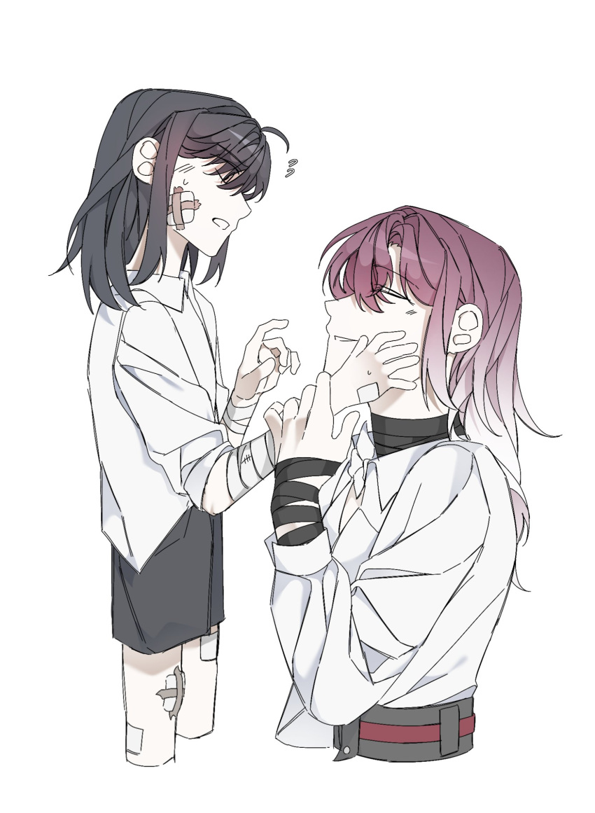 2girls aged_down bandage_on_face bandage_on_leg bandaged_arm bandages black_hair black_shorts child closed_eyes commentary_request flying_sweatdrops gradient_hair hand_on_another's_face hand_on_another's_head highres illusion_moon korean_commentary long_hair long_sleeves multicolored_hair multiple_girls parted_lips path_to_nowhere purple_hair rahu_(path_to_nowhere) shalom_(path_to_nowhere) shirt shorts simple_background smile white_background white_hair white_shirt