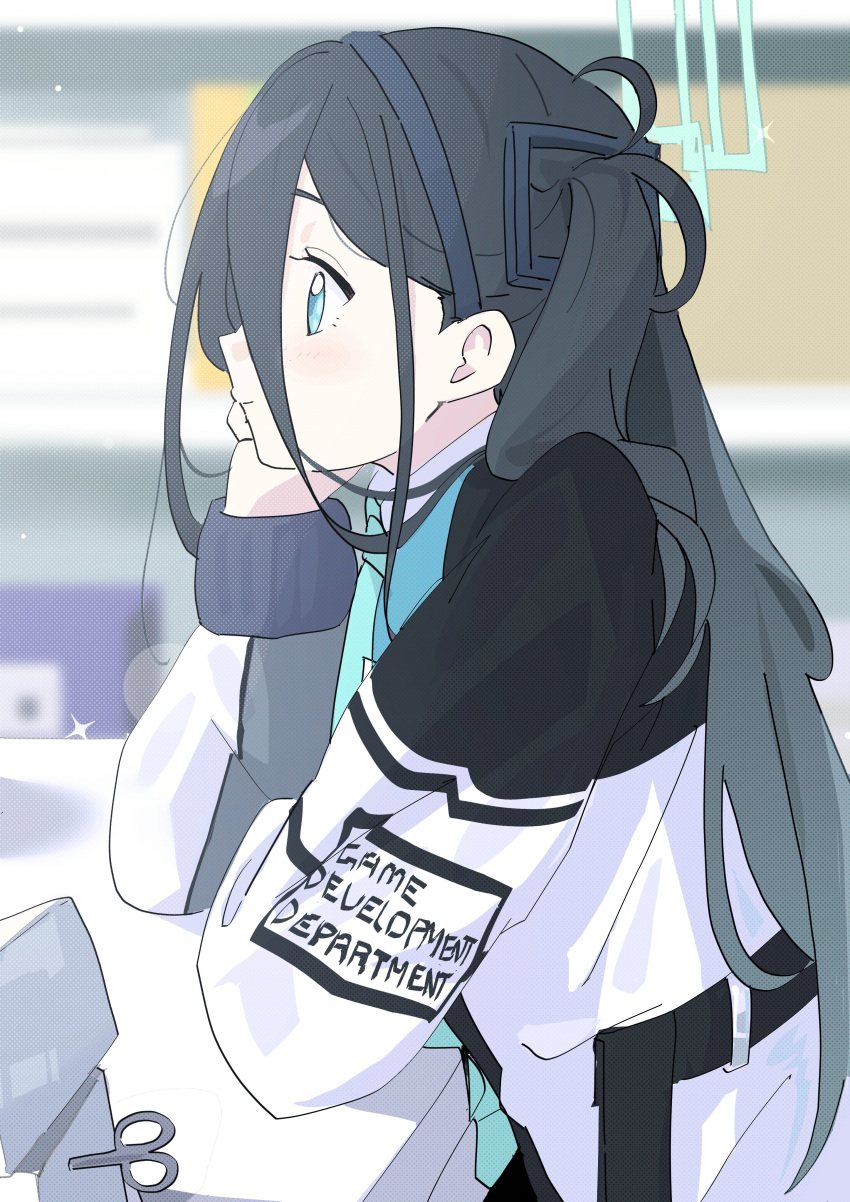 1girl absurdly_long_hair absurdres aris_(blue_archive) black_hair black_hairband blue_archive blue_eyes blue_necktie closed_mouth from_side green_halo hairband halo highres indoors jacket long_hair long_sleeves necktie one_side_up p2p2hifumi profile shirt solo upper_body very_long_hair white_jacket white_shirt