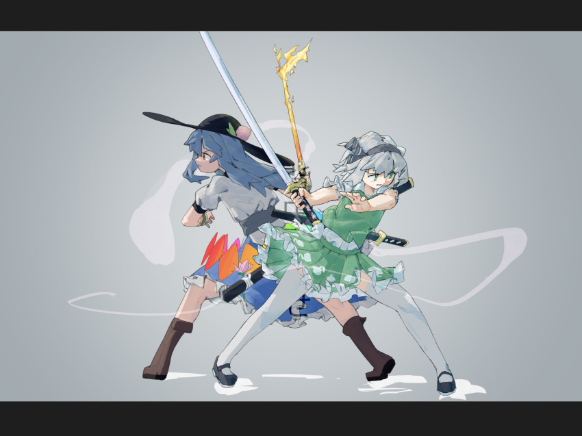 2girls bare_arms black_footwear black_hairband black_hat blue_hair blue_skirt boots brown_footwear fighting_stance flaming_sword flaming_weapon frilled_skirt frills full_body green_eyes green_skirt green_vest grey_background grey_hair hair_ribbon hairband hat highres hinanawi_tenshi holding holding_sword holding_weapon katana konpaku_youmu letterboxed long_hair mary_janes multiple_girls obsarviah puffy_short_sleeves puffy_sleeves red_eyes ribbon shirt shoes short_hair short_sleeves skirt standing sword sword_of_hisou thigh-highs touhou vest weapon white_shirt