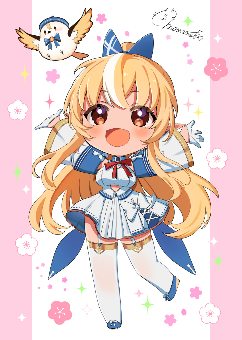 1girl :d arms_up back_bow blonde_hair blue_bow blue_footwear blush bow bow_skirt bowtie chibi chibi_only commentary_request cutout_above_navel dark-skinned_female dark_skin detached_sleeves elf elfriend_(shiranui_flare) garter_straps gloves hair_bow half_gloves high_ponytail highres hololive long_hair momone_cco multicolored_hair open_mouth pleated_skirt pointy_ears red_bow red_bowtie shiranui_flare shiranui_flare_(1st_costume) shirt sidelocks signature skirt skirt_set smile solo streaked_hair thigh-highs virtual_youtuber white_garter_straps white_gloves white_shirt white_skirt white_sleeves white_thighhighs wide_sleeves