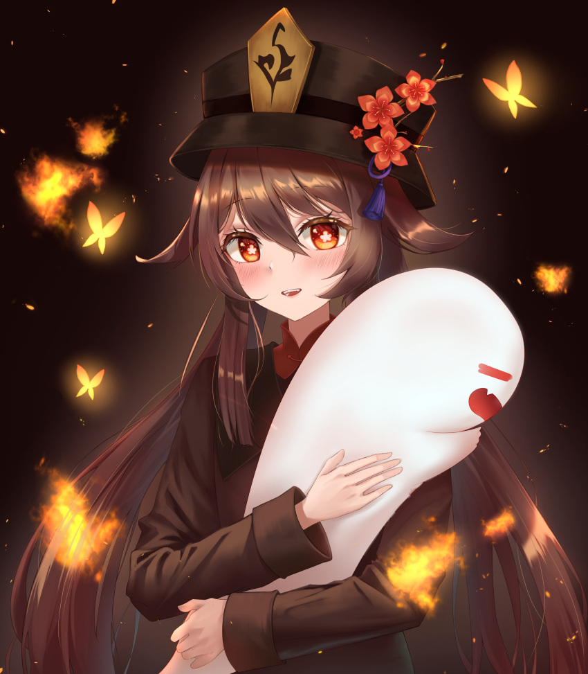 1girl :d absurdres black_background black_hair boo_tao_(genshin_impact) bug butterfly chinese_clothes commentary_request genshin_impact ghost hair_between_eyes hat highres hu_tao_(genshin_impact) hug long_hair long_sleeves looking_at_viewer orange_eyes porkpie_hat sidelocks simple_background smile symbol-shaped_pupils turtleneck twintails wan_du29 wide_sleeves