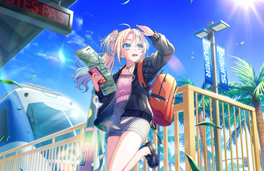 1girl arm_up backpack bag black_footwear black_jacket black_shorts blonde_hair blue_eyes blue_hair blue_sky checkered_clothes checkered_shorts collarbone cropped_sweater fang flower game_cg gradient_hair hair_flower hair_ornament high-waist_shorts highres holding holding_map holding_phone jacket jewelry lamppost leather leather_jacket leg_up lens_flare lens_flare_abuse light_blue_hair link!_like!_love_live! long_hair looking_to_the_side love_live! map multicolored_hair necklace official_art open_clothes open_jacket open_mouth orange_bag osawa_rurino palm_tree parted_bangs phone pink_flower pink_sweater ribbed_sweater shoes short_shorts shorts sky solo sun sweater third-party_source train tree twintails virtual_youtuber white_flower white_shorts wind zipper