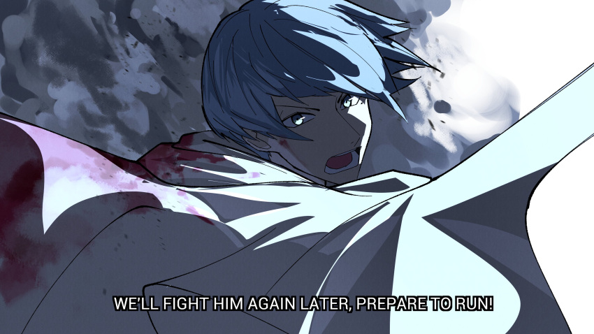 1boy blood blood_on_clothes blue_eyes blue_hair capelet commentary english_text heartbreak_juan highres himmel_(sousou_no_frieren) male_focus open_mouth serious solo sousou_no_frieren subtitled upper_body v-shaped_eyebrows white_capelet