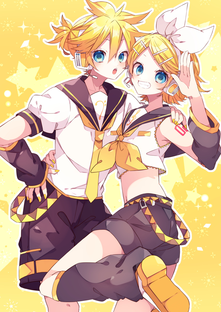 1boy 1girl arm_tattoo belt black_sailor_collar black_shorts blonde_hair blue_eyes crop_top detached_pants detached_sleeves grin hair_ornament hairclip hand_on_another's_hip hand_on_another's_shoulder hand_on_own_hip headset highres kagamine_len kagamine_rin kaho_0102 looking_at_viewer neckerchief necktie number_tattoo open_mouth sailor_collar shirt short_hair short_sleeves shorts sleeveless smile standing standing_on_one_leg tattoo vocaloid white_shirt yellow_background yellow_footwear yellow_nails yellow_neckerchief yellow_necktie