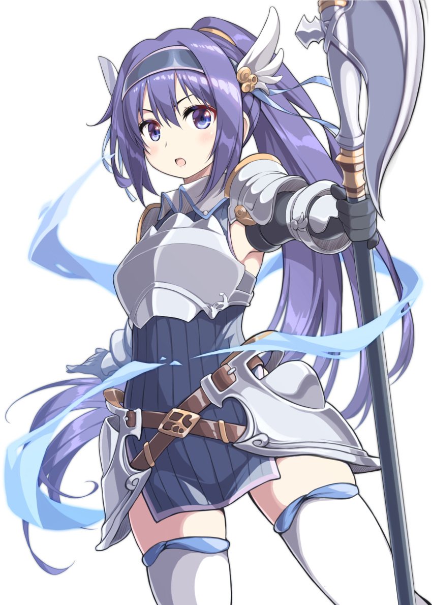1girl armor belt breastplate hairband halberd highres holding holding_polearm holding_weapon mifuyu_(princess_connect!) polearm ponytail princess_connect! ribucci solo thigh-highs weapon winged_hairband