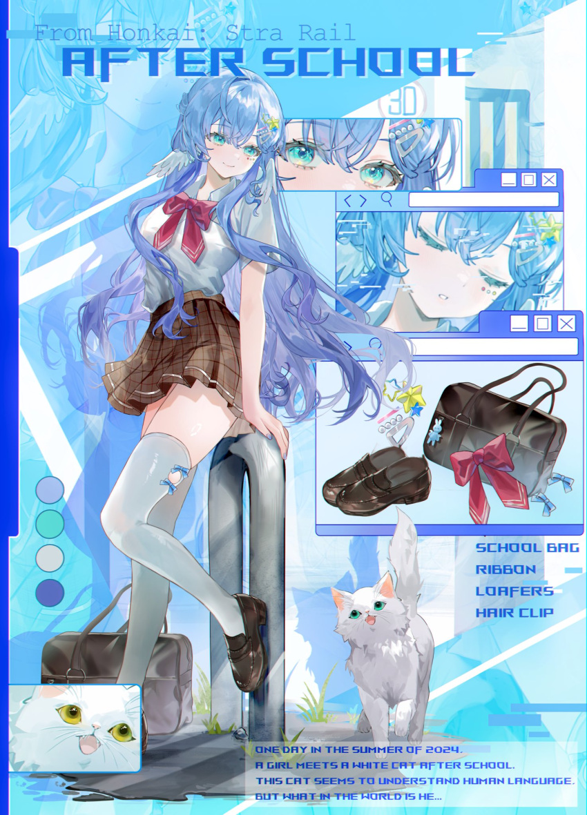 1girl alternate_costume aqua_eyes black_footwear blue_bow blue_hair bow bow_legwear bowtie brown_skirt cat closed_mouth collared_shirt english_text floating_hair full_body hair_between_eyes hair_ornament head_wings highres honkai:_star_rail honkai_(series) loafers long_hair looking_to_the_side red_bow red_bowtie robin_(honkai:_star_rail) school_uniform shirt shoes short_sleeves skirt smile standing standing_on_one_leg thigh-highs utsuhostoria white_shirt white_thighhighs white_wings wings zettai_ryouiki
