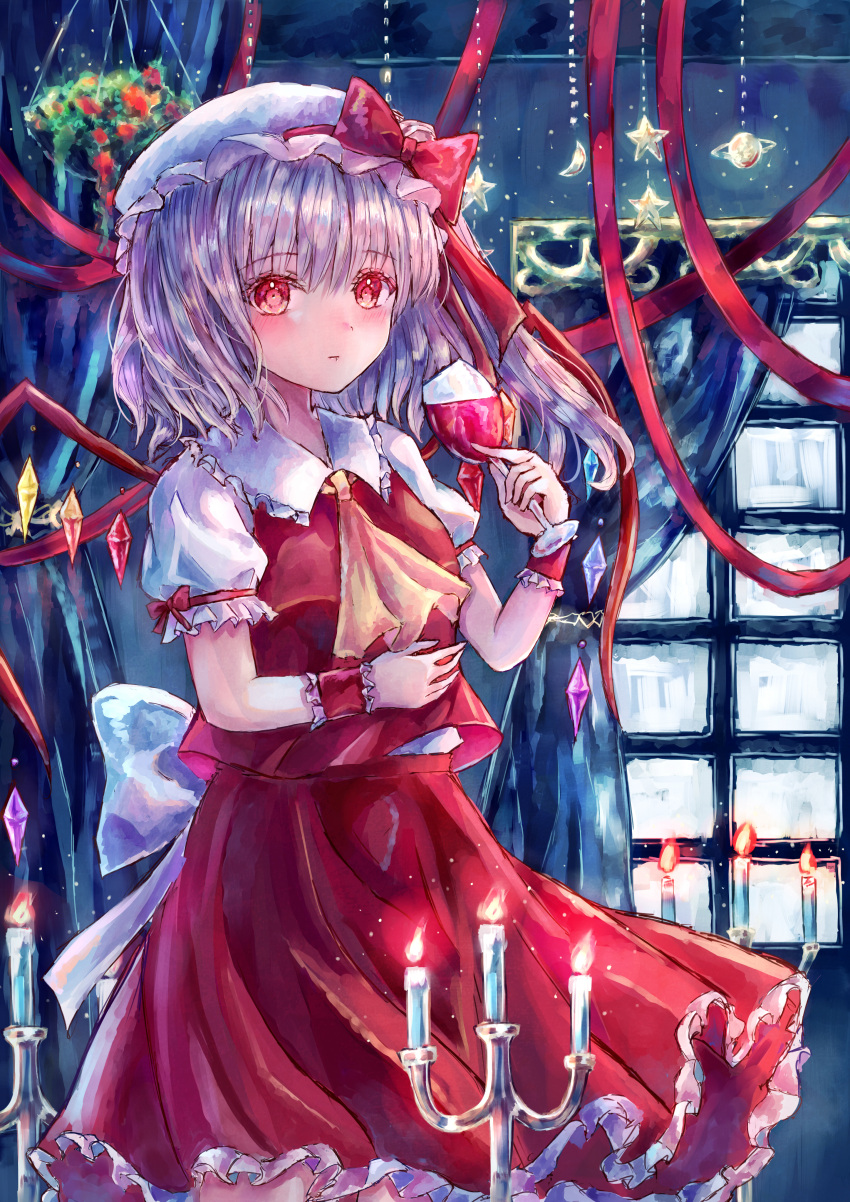 1girl absurdres ascot bat_wings blonde_hair burning candle candlestand crystal cup drinking_glass flandre_scarlet hat hat_ribbon highres holding holding_cup mob_cap multicolored_wings one_side_up plant potted_plant puffy_short_sleeves puffy_sleeves red_eyes red_skirt red_vest ribbon short_sleeves side_ponytail skirt skirt_set solo suzushina touhou vest white_headwear window window_shade wine_glass wings yellow_ascot