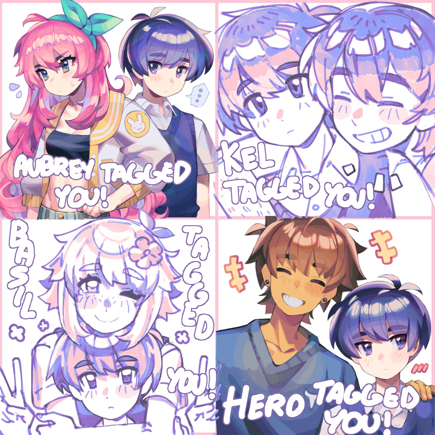 +++ ... 1girl 4boys absurdres aubrey_(faraway)_(omori) aubrey_(omori) basil_(faraway)_(omori) basil_(omori) black_eyes black_hair blue_eyes brown_hair closed_eyes crop_top ear_piercing english_text expressionless flower freckles grin hair_flower hair_ornament hero_(faraway)_(omori) hero_(omori) highres jacket kel_(faraway)_(omori) kel_(omori) looking_at_viewer multiple_boys navel omori parted_lips piercing pink_hair remi_(mozzaremi) short_hair smile speech_bubble spoken_ellipsis sunny_(omori) teeth unfinished v white_jacket